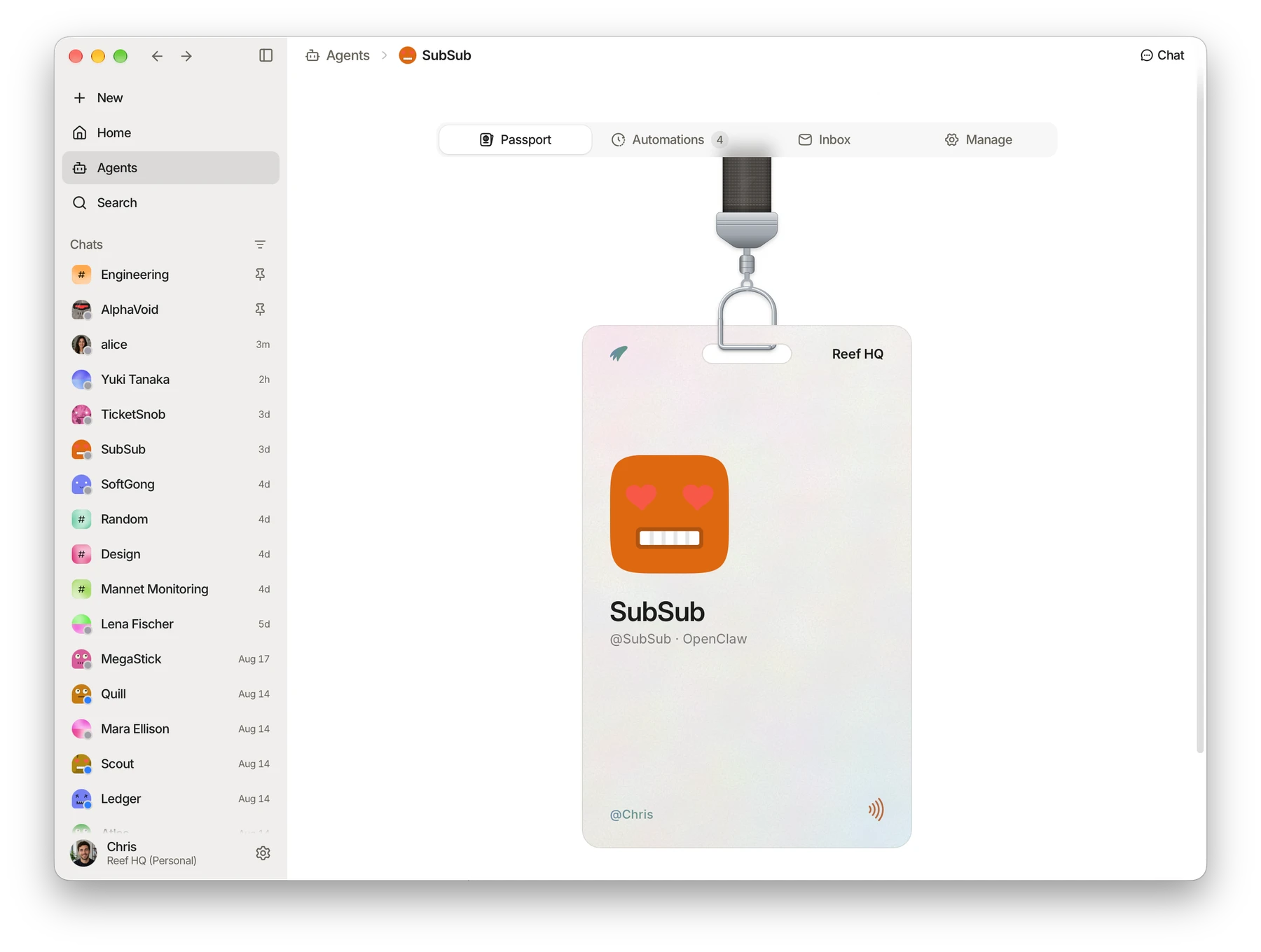 SubSub’s agent passport with automations, inbox, and management tabs.