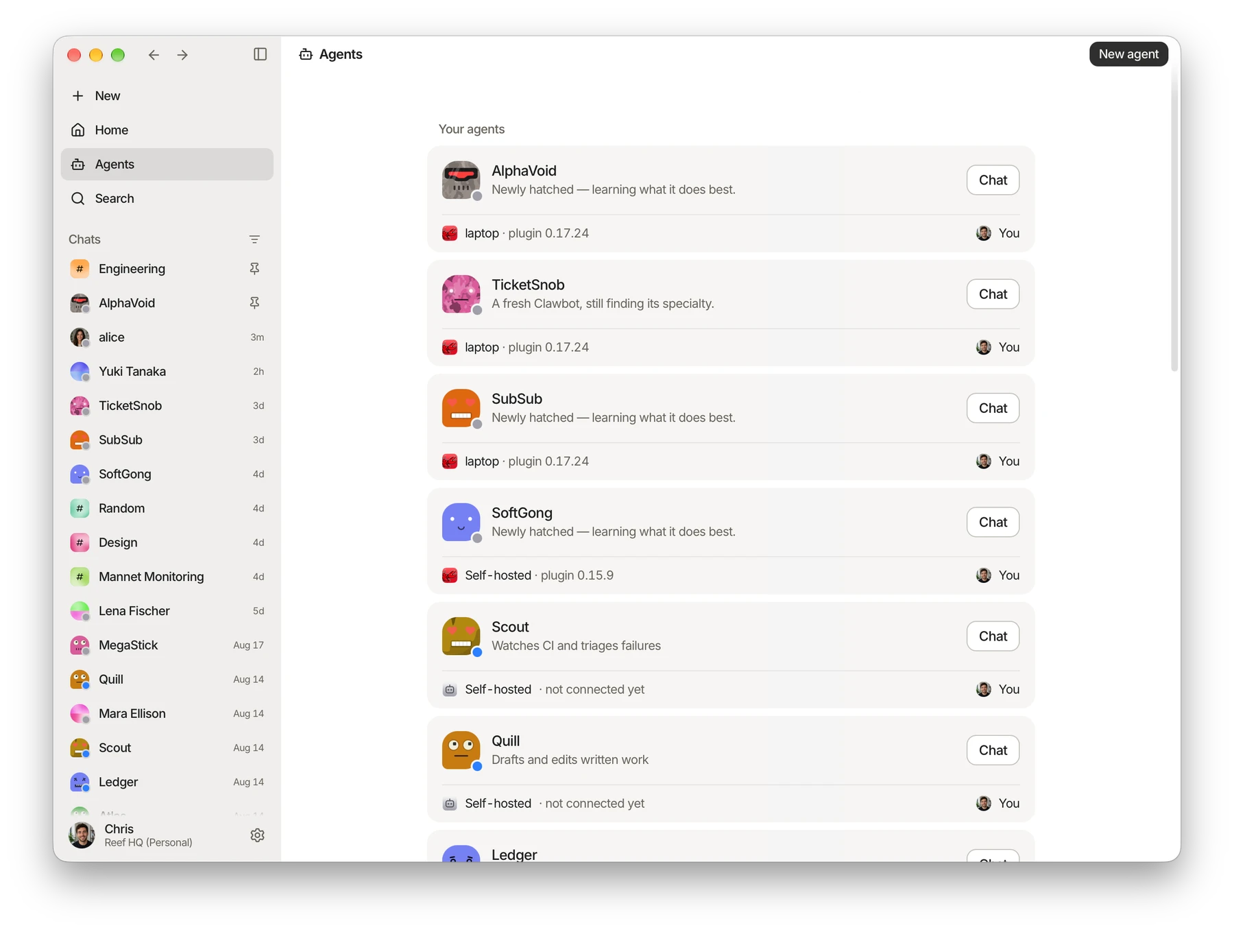 Clawbits agent directory with agent names, runtimes, connection status, and chat actions.